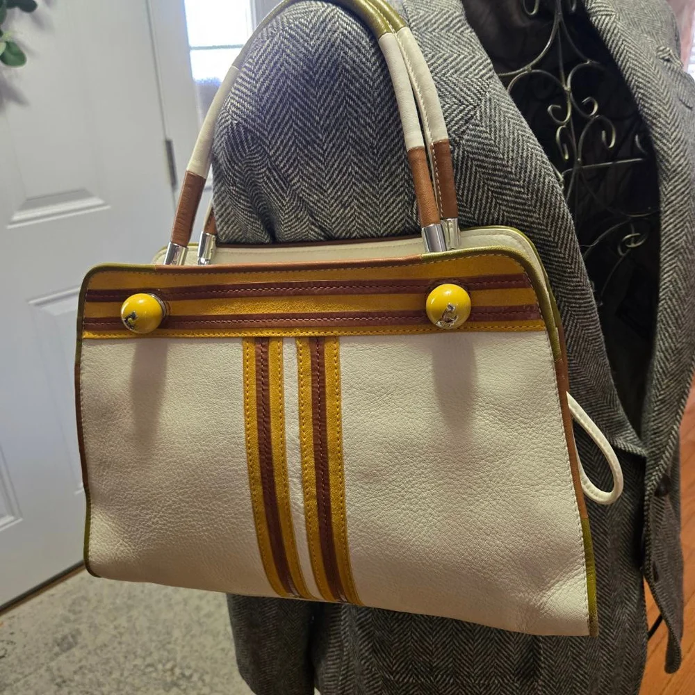 Vtg Tory Burch Limited Edition Contrast-T Striped Pebbled Leather Satchel
